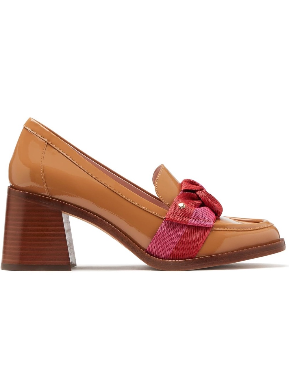 kate spade Leandra patent Tan Block Heel Loafer with Pink Bow sz 6.5